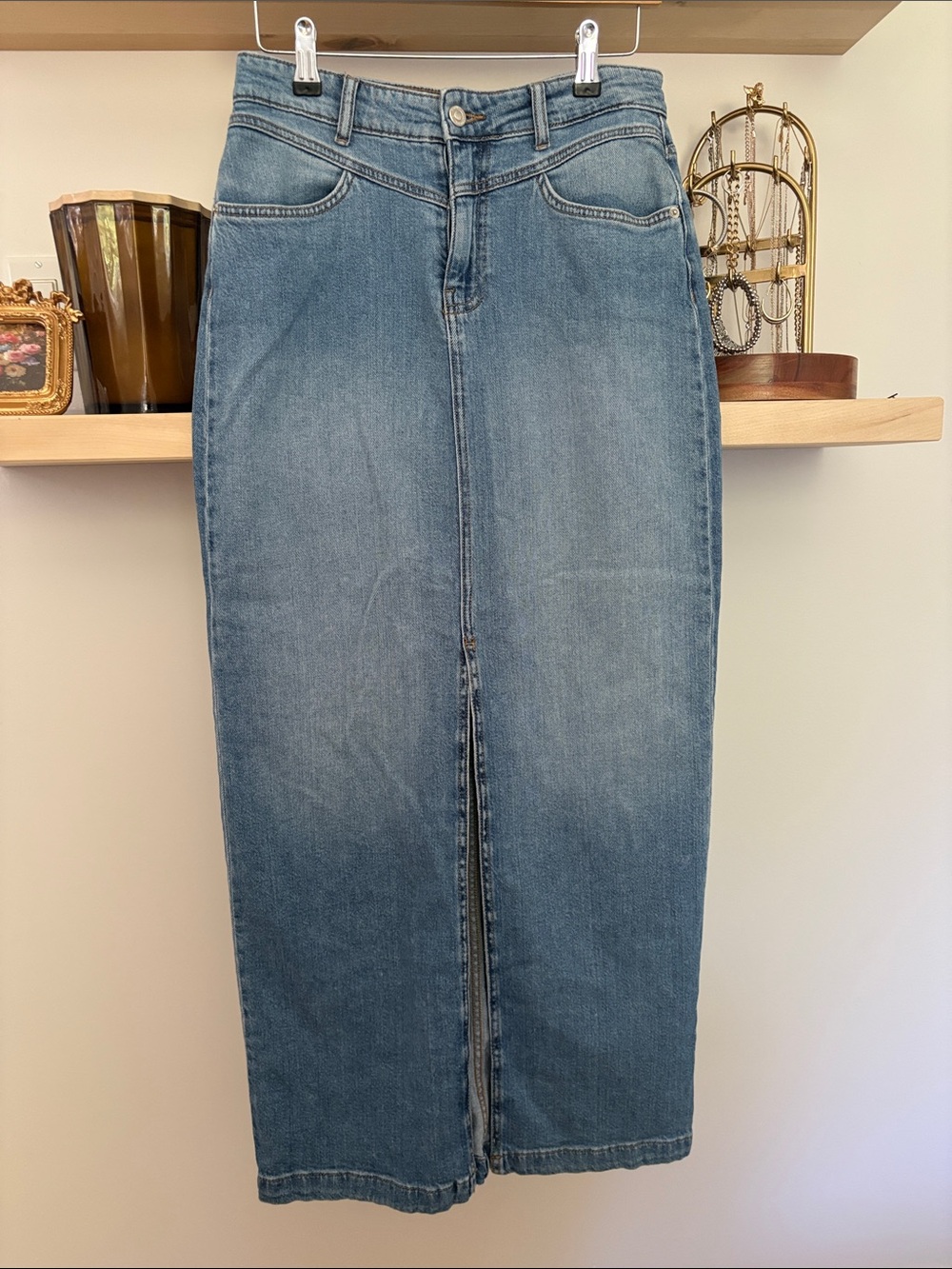 Only Midwash Denim Maxi Skirt with Front Slit